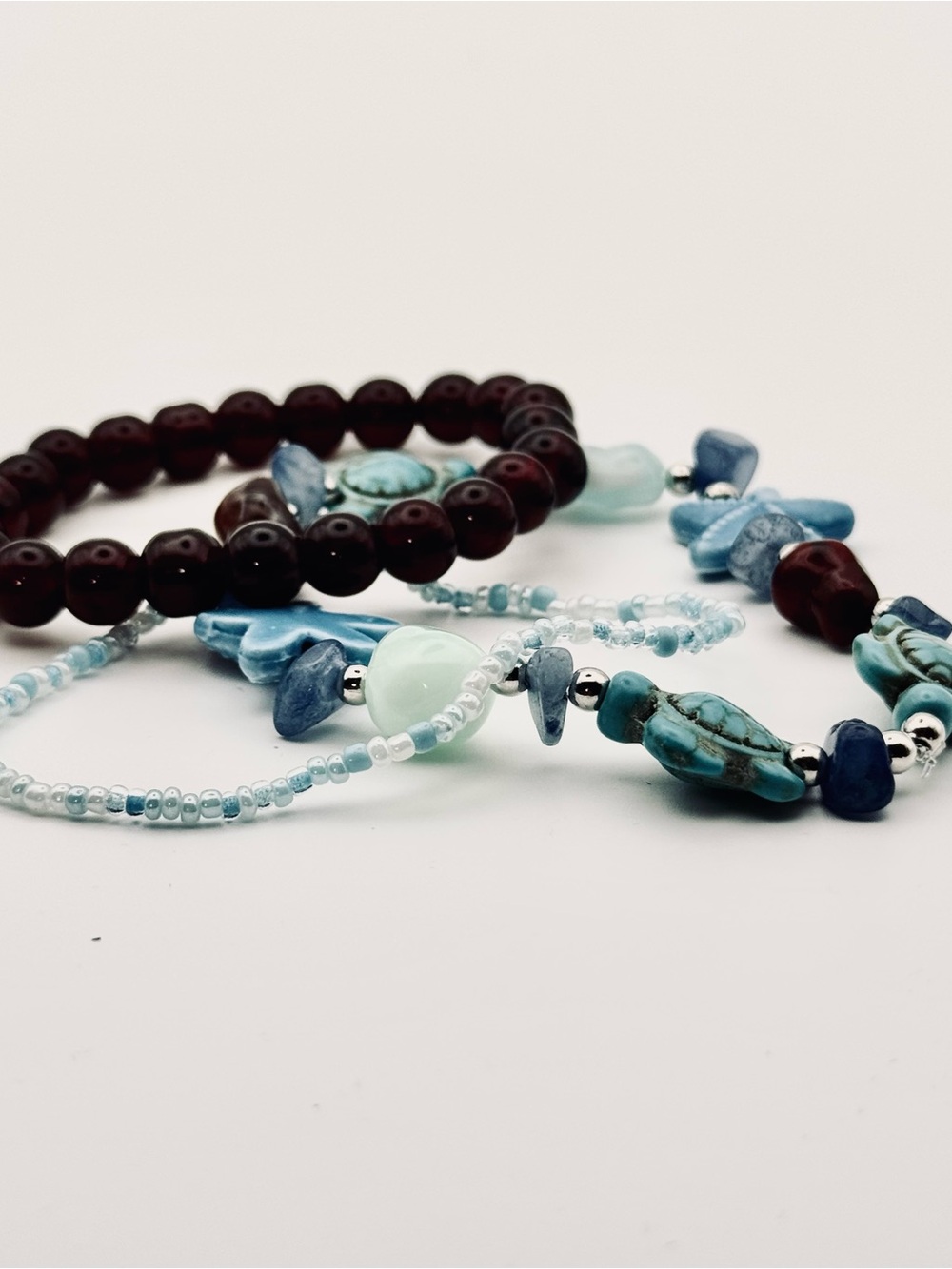 Hand Crafted Turquoise, Light Blue & Dark Red Coastal Tide Beaded Bracelet Set